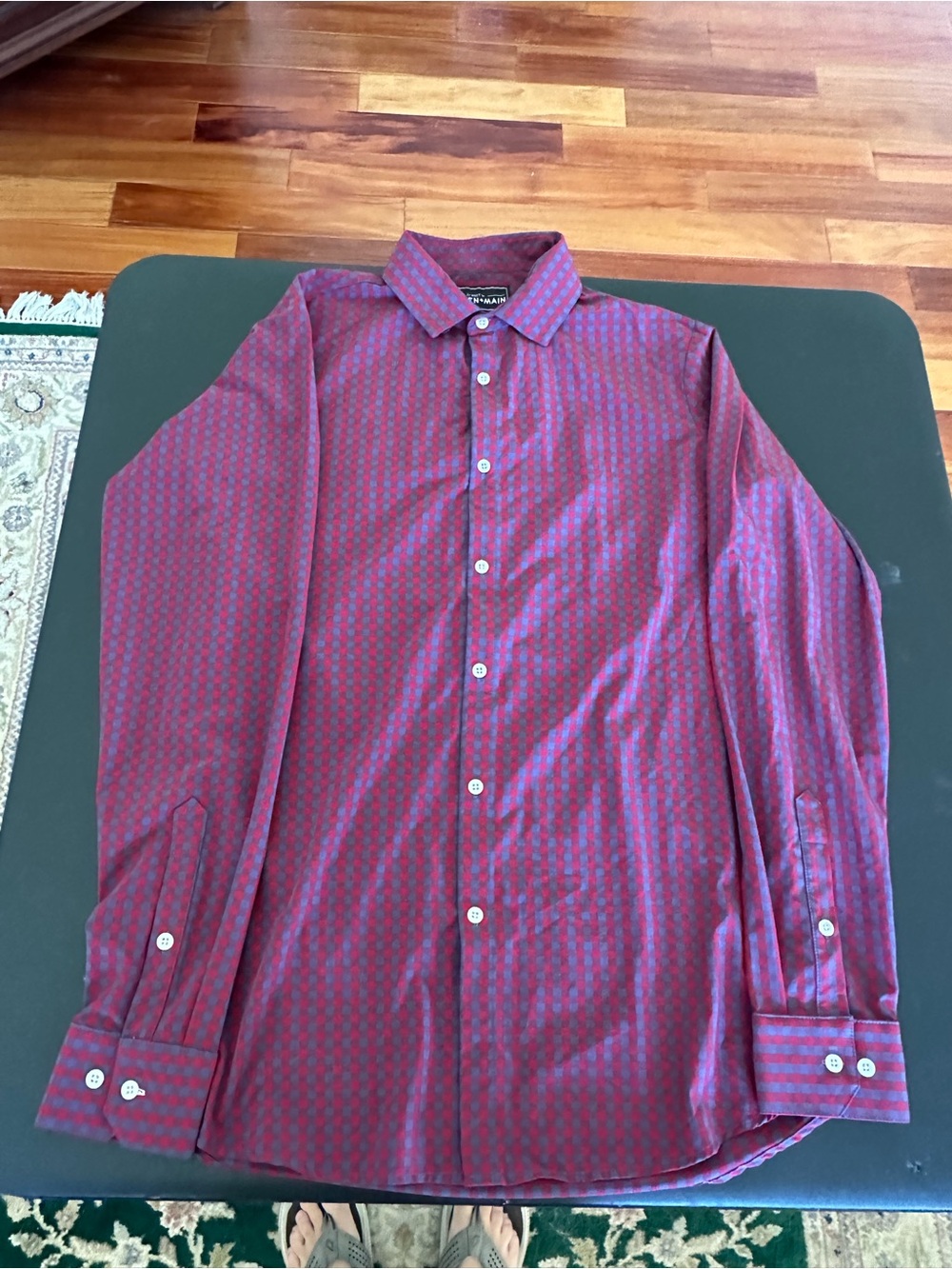 Mizzen+Main Men's Red Blue Patterned Dress Shirt Size Large Tall Slim Fit